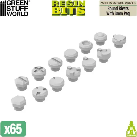Mecha Detail Parts - Round Rivets with 3 mm Pegs (65pcs)