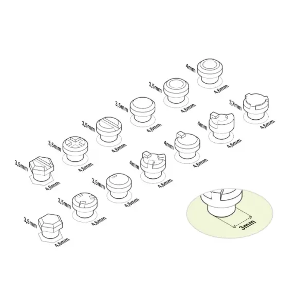 Mecha Detail Parts - Round Rivets with 3 mm Pegs (65pcs)