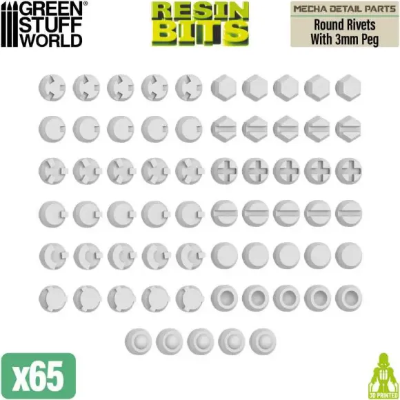 Mecha Detail Parts - Round Rivets with 3 mm Pegs (65pcs)