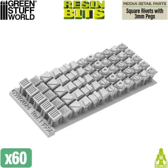 Mecha Detail Parts - Square Rivets with 3 mm Pegs (60pcs)